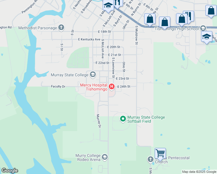 map of restaurants, bars, coffee shops, grocery stores, and more near 500 East 24th Street in Tishomingo
