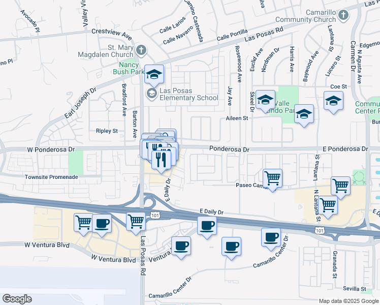 map of restaurants, bars, coffee shops, grocery stores, and more near 309 Arroyo Del Mar in Camarillo