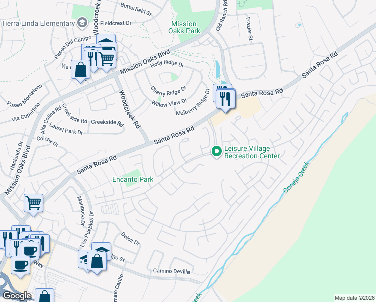 map of restaurants, bars, coffee shops, grocery stores, and more near 9207 Village 9 in Camarillo