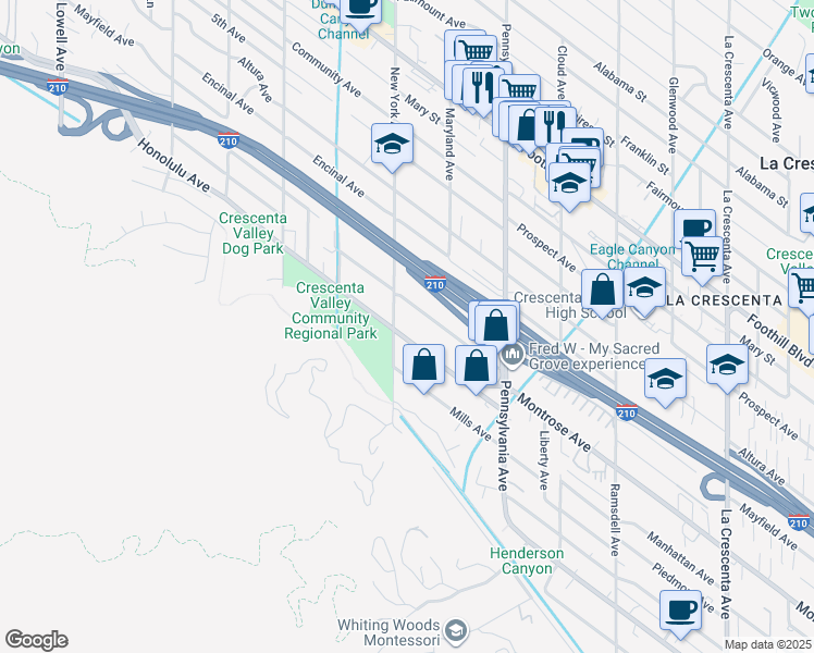 map of restaurants, bars, coffee shops, grocery stores, and more near 3350 Montrose Avenue in Glendale