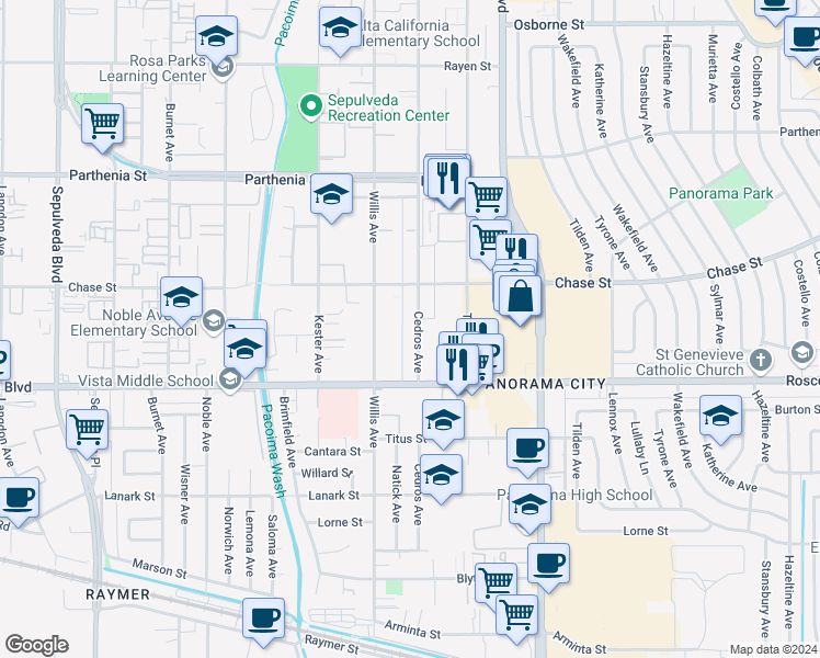 map of restaurants, bars, coffee shops, grocery stores, and more near 8406 Cedros Avenue in Los Angeles