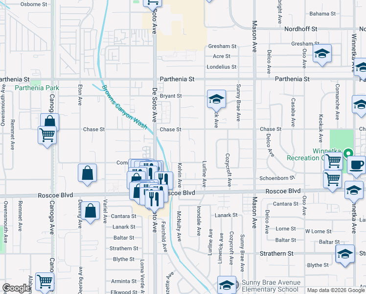 map of restaurants, bars, coffee shops, grocery stores, and more near 20734 Chase Street in Los Angeles