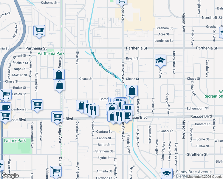 map of restaurants, bars, coffee shops, grocery stores, and more near 20941 Rodax Street in Los Angeles