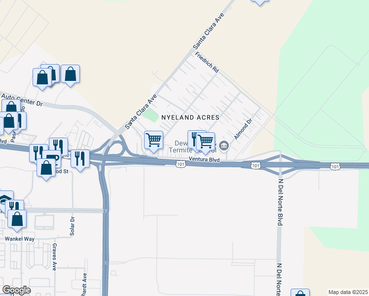 map of restaurants, bars, coffee shops, grocery stores, and more near 3395 Orange Drive in Oxnard
