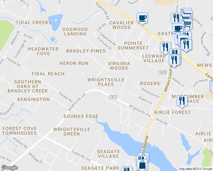 map of restaurants, bars, coffee shops, grocery stores, and more near 6211 Wrightsville Avenue in Wilmington