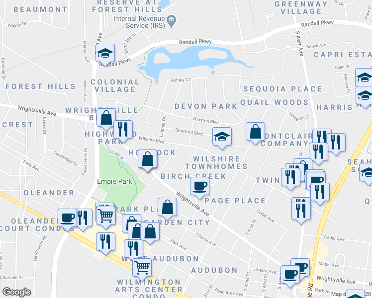 map of restaurants, bars, coffee shops, grocery stores, and more near 3602 Stratford Boulevard in Wilmington