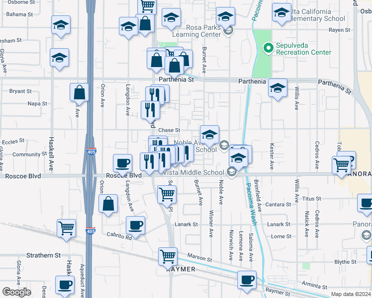 map of restaurants, bars, coffee shops, grocery stores, and more near 8414 Columbus Avenue in Los Angeles