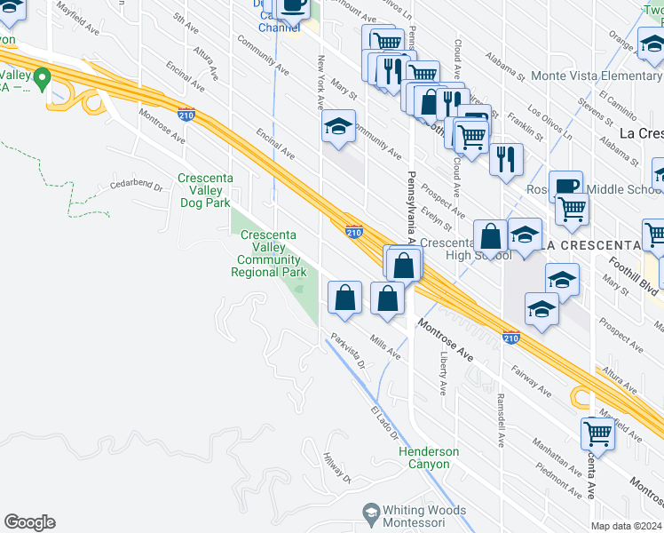 map of restaurants, bars, coffee shops, grocery stores, and more near 3357 Honolulu Avenue in Glendale