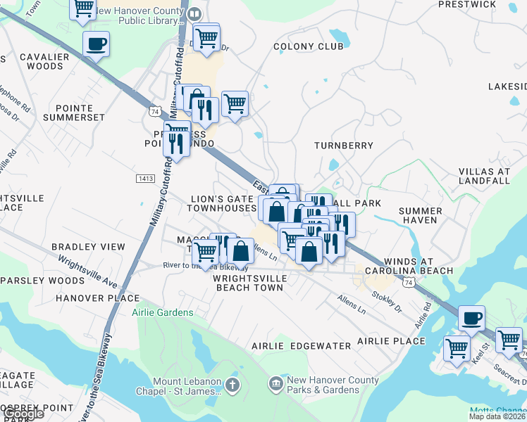 map of restaurants, bars, coffee shops, grocery stores, and more near 103 Lions Gate Drive in Wilmington