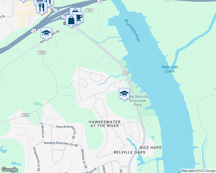 map of restaurants, bars, coffee shops, grocery stores, and more near 10238 Hawkeswater Boulevard in Leland