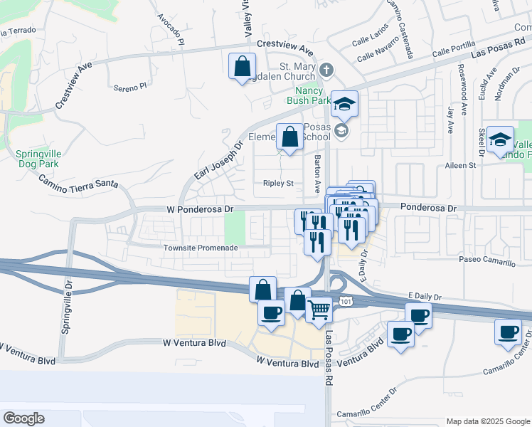 map of restaurants, bars, coffee shops, grocery stores, and more near 698 Pioneer Street in Camarillo