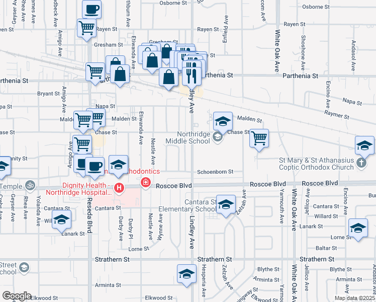 map of restaurants, bars, coffee shops, grocery stores, and more near 8421 Lindley Avenue in Los Angeles