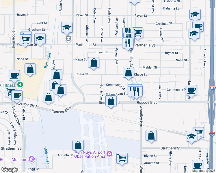 map of restaurants, bars, coffee shops, grocery stores, and more near 16315 Community Street in Los Angeles