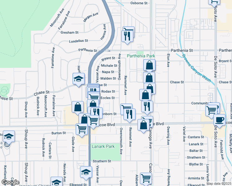 map of restaurants, bars, coffee shops, grocery stores, and more near 21716 Rodax Street in Los Angeles