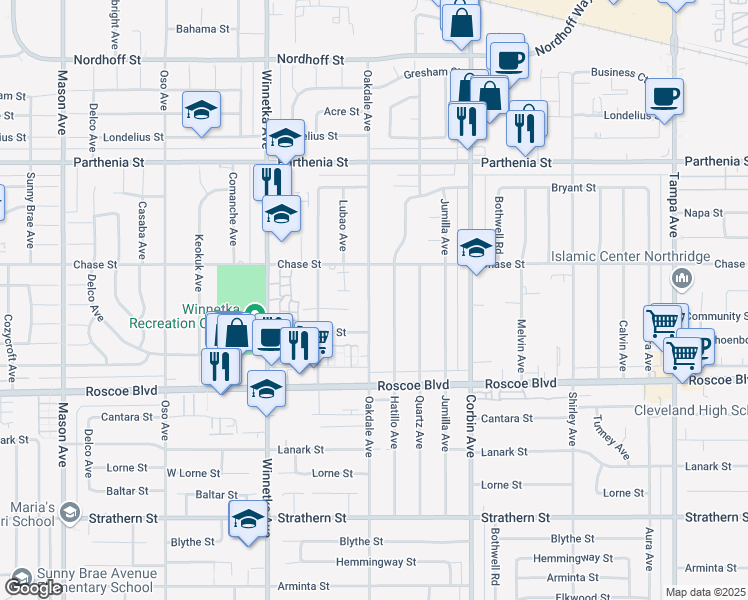 map of restaurants, bars, coffee shops, grocery stores, and more near 8440 Oakdale Avenue in Los Angeles