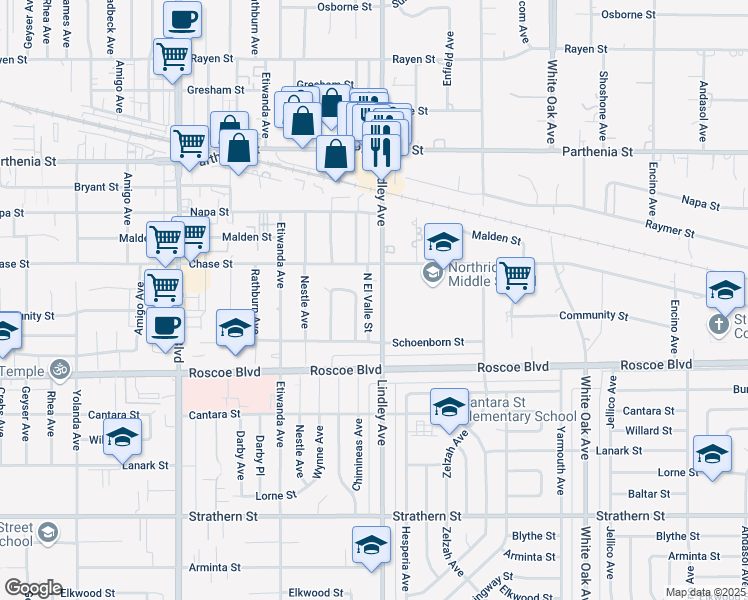 map of restaurants, bars, coffee shops, grocery stores, and more near 8421 Lindley Avenue in Los Angeles