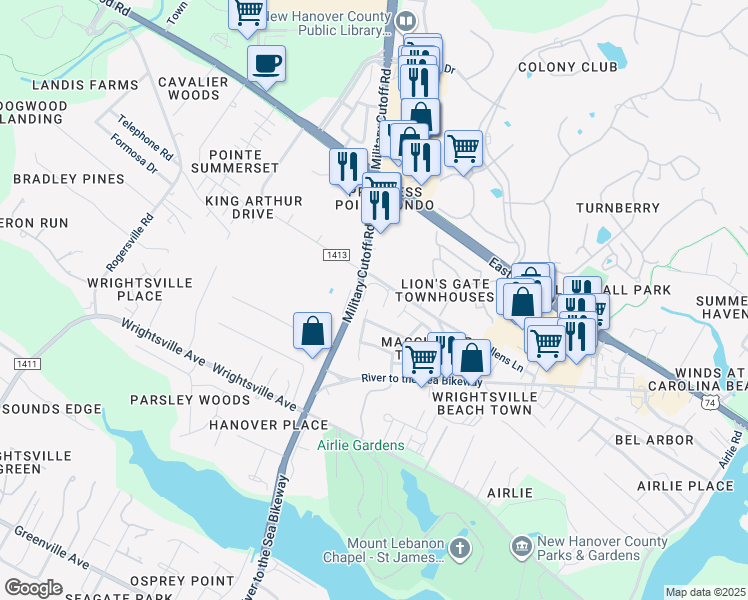 map of restaurants, bars, coffee shops, grocery stores, and more near 1507 Military Cutoff Road in Wilmington
