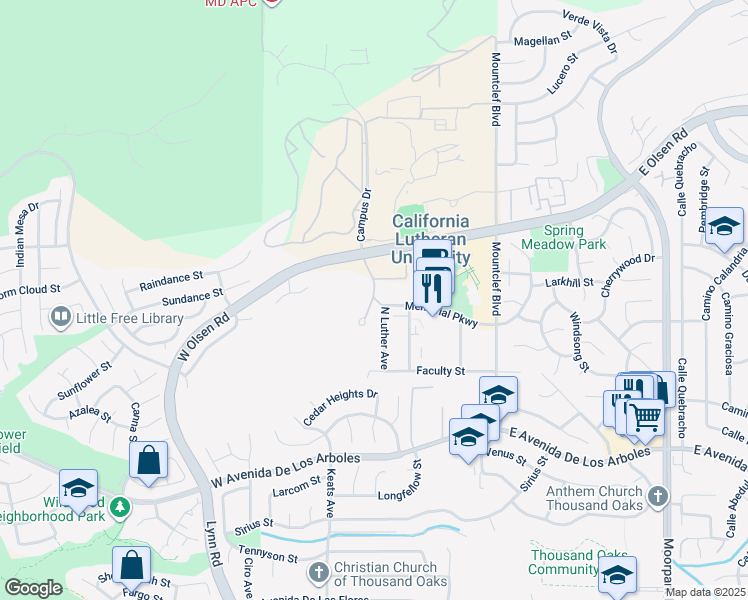 map of restaurants, bars, coffee shops, grocery stores, and more near 101 Memorial Parkway in Thousand Oaks