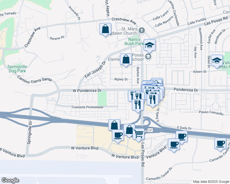 map of restaurants, bars, coffee shops, grocery stores, and more near 698 Pioneer Street in Camarillo