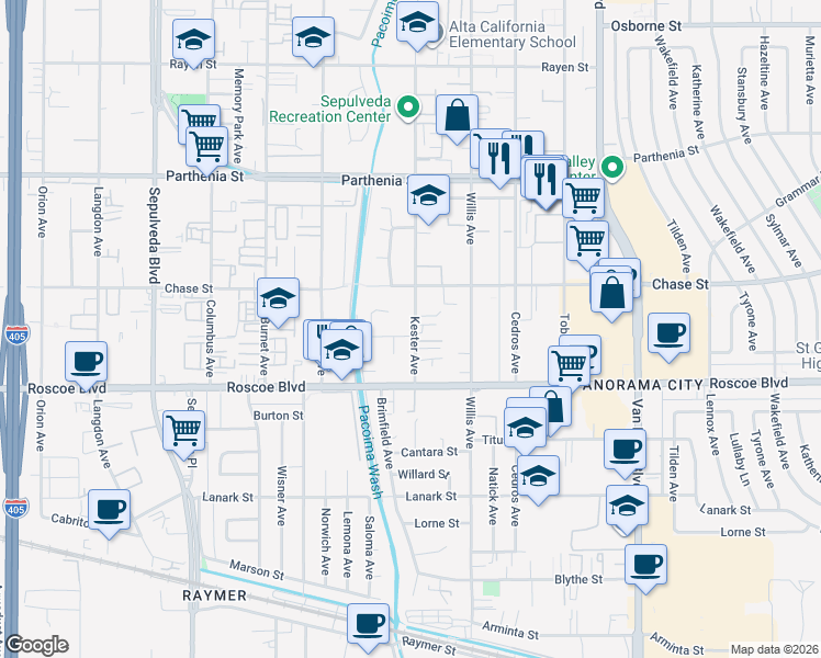 map of restaurants, bars, coffee shops, grocery stores, and more near 8401 Kester Avenue in Los Angeles