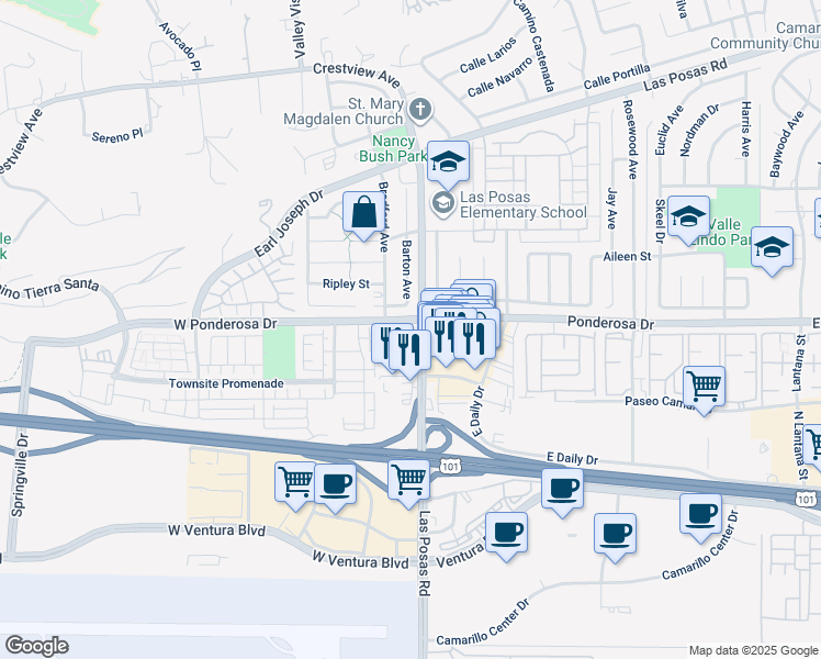 map of restaurants, bars, coffee shops, grocery stores, and more near 687 North Las Posas Road in Camarillo
