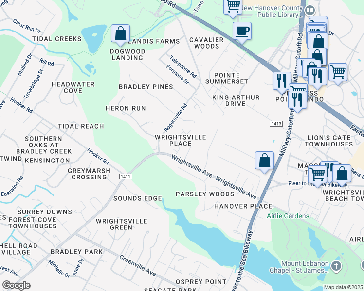 map of restaurants, bars, coffee shops, grocery stores, and more near 6211 Wrightsville Avenue in Wilmington