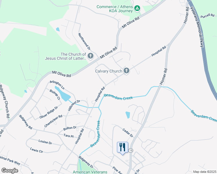 map of restaurants, bars, coffee shops, grocery stores, and more near 1174 Hospital Road in Commerce