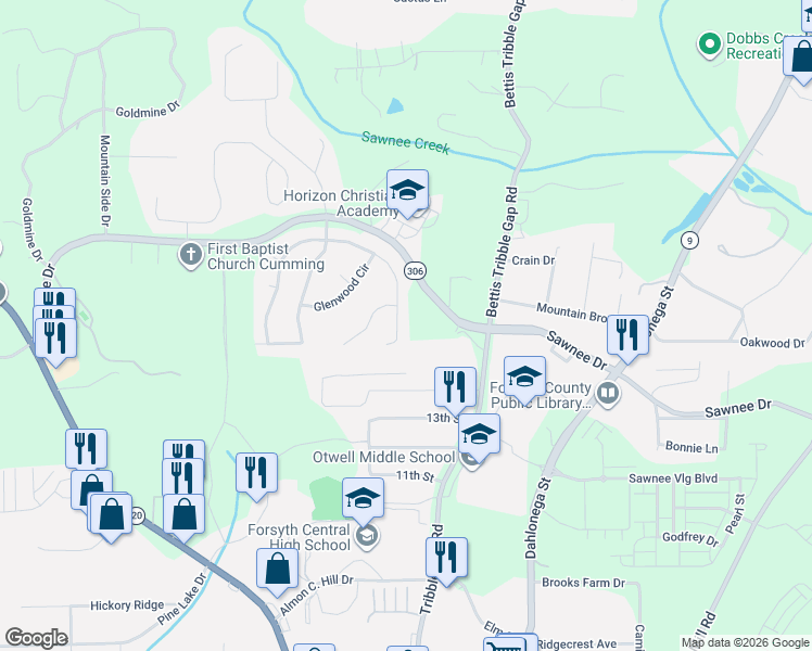 map of restaurants, bars, coffee shops, grocery stores, and more near 1201 Sawnee Drive in Cumming