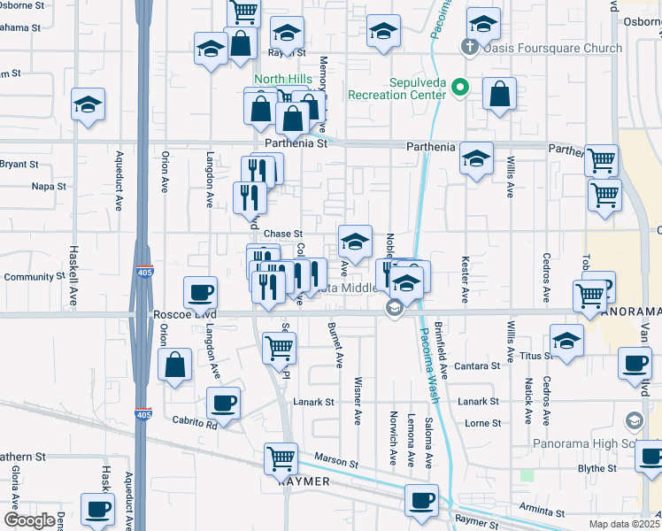 map of restaurants, bars, coffee shops, grocery stores, and more near 8425 Burnet Avenue in Los Angeles