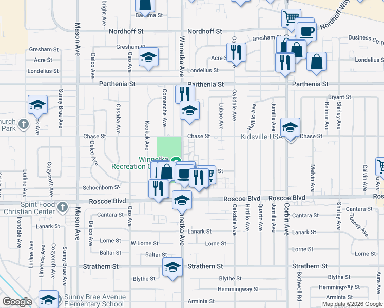 map of restaurants, bars, coffee shops, grocery stores, and more near 8470 Winnetka Avenue in Los Angeles