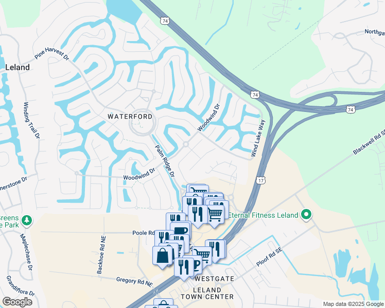 map of restaurants, bars, coffee shops, grocery stores, and more near 2001 Fanning Court in Leland