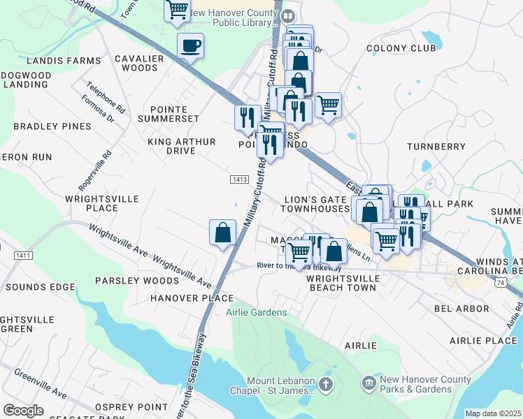 map of restaurants, bars, coffee shops, grocery stores, and more near 1507 Military Cutoff Road in Wilmington