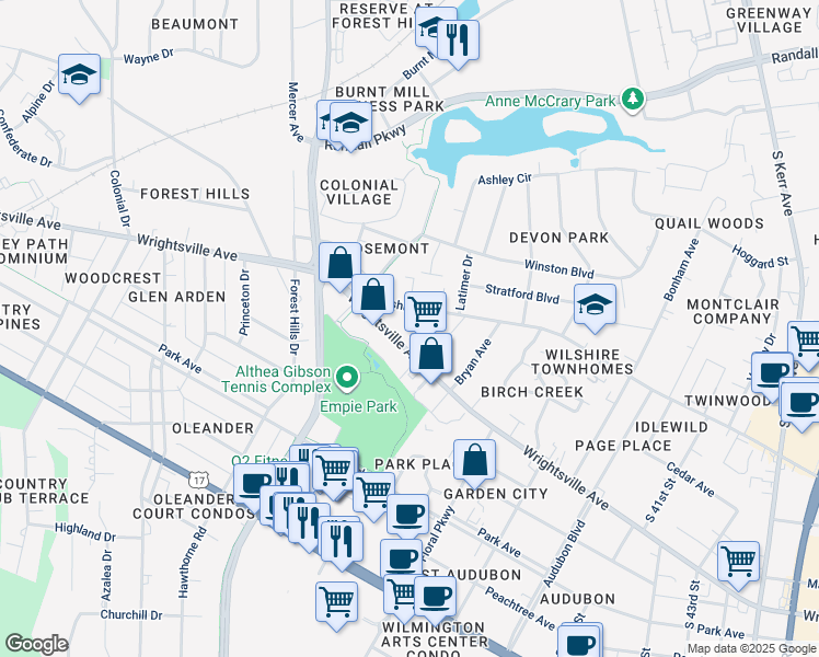 map of restaurants, bars, coffee shops, grocery stores, and more near 3333 Wrightsville Avenue in Wilmington
