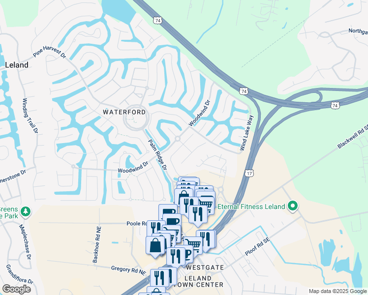 map of restaurants, bars, coffee shops, grocery stores, and more near 2001 Fanning Court in Leland