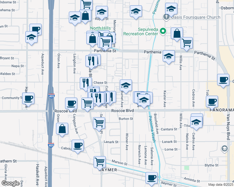 map of restaurants, bars, coffee shops, grocery stores, and more near 8425 Burnet Avenue in Los Angeles