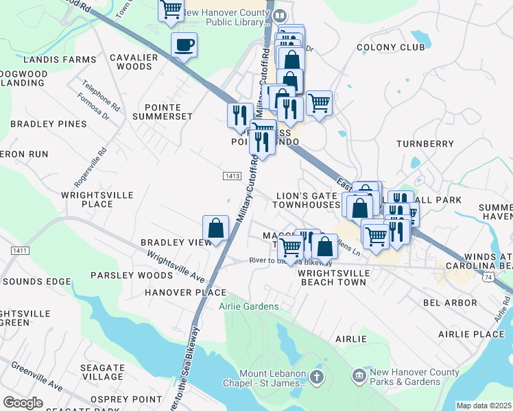 map of restaurants, bars, coffee shops, grocery stores, and more near 1507 Military Cutoff Road in Wilmington