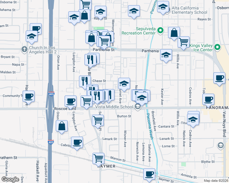 map of restaurants, bars, coffee shops, grocery stores, and more near 8435 Burnet Avenue in Los Angeles