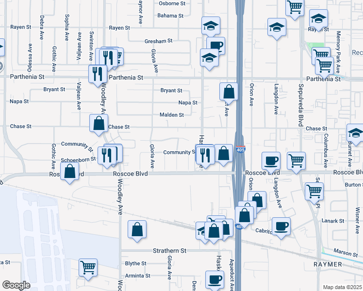 map of restaurants, bars, coffee shops, grocery stores, and more near 15905 Eccles Street in Los Angeles