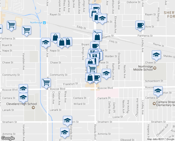 map of restaurants, bars, coffee shops, grocery stores, and more near 8438 Amigo Avenue in Los Angeles