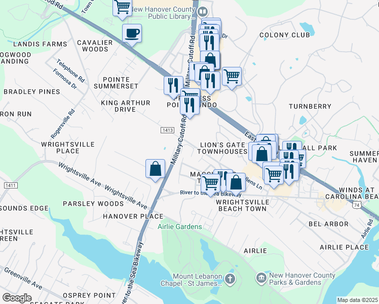 map of restaurants, bars, coffee shops, grocery stores, and more near 1507 Military Cutoff Road in Wilmington