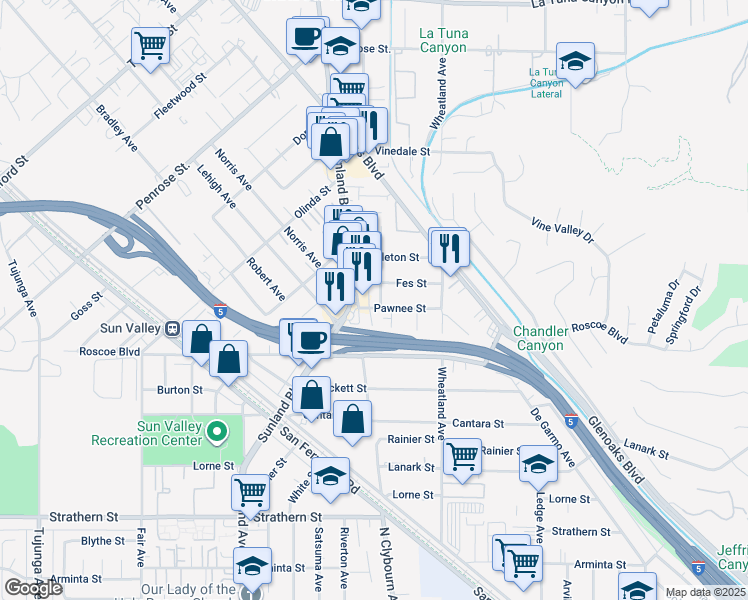map of restaurants, bars, coffee shops, grocery stores, and more near 8407 Terhune Avenue in Los Angeles
