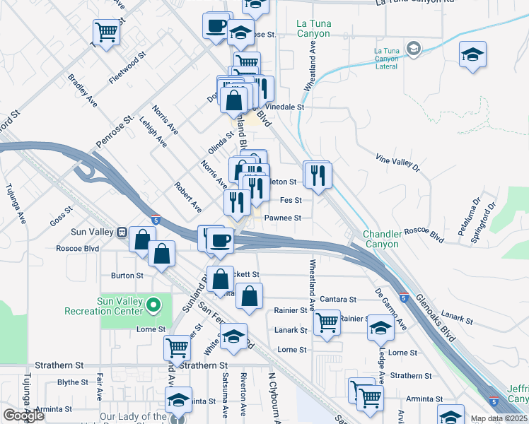 map of restaurants, bars, coffee shops, grocery stores, and more near 8407 Terhune Avenue in Los Angeles