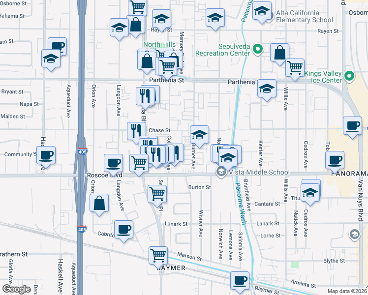 map of restaurants, bars, coffee shops, grocery stores, and more near 8435 Burnet Avenue in Los Angeles