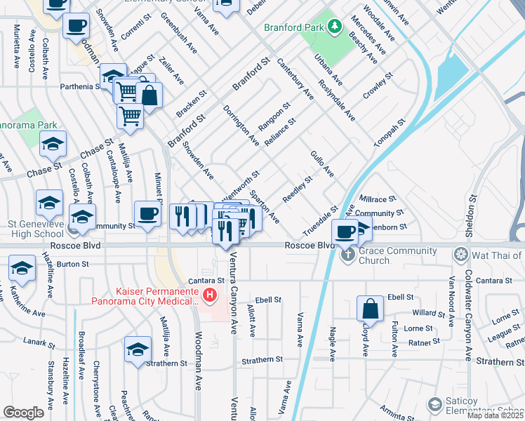 map of restaurants, bars, coffee shops, grocery stores, and more near 8411 Sparton Avenue in Los Angeles