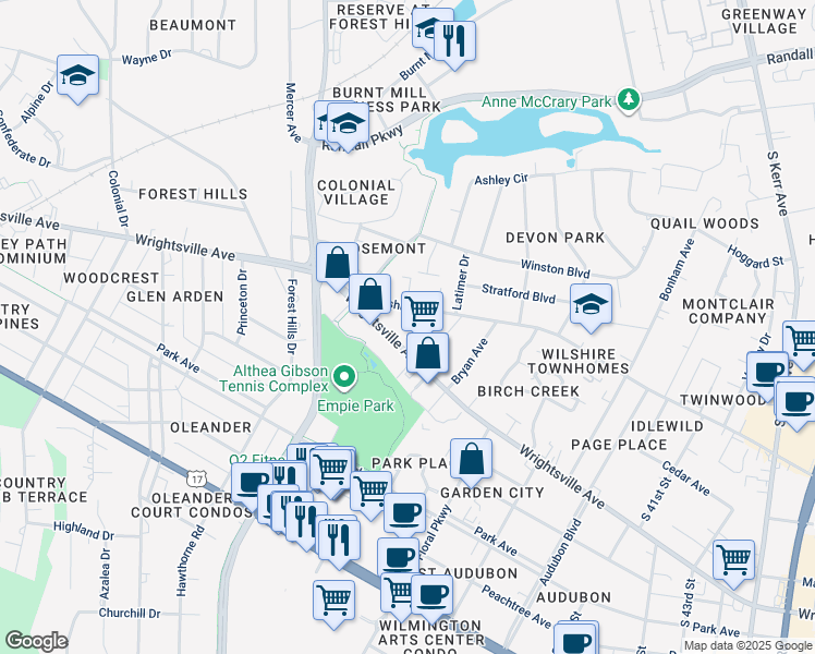 map of restaurants, bars, coffee shops, grocery stores, and more near 3333 Wrightsville Avenue in Wilmington
