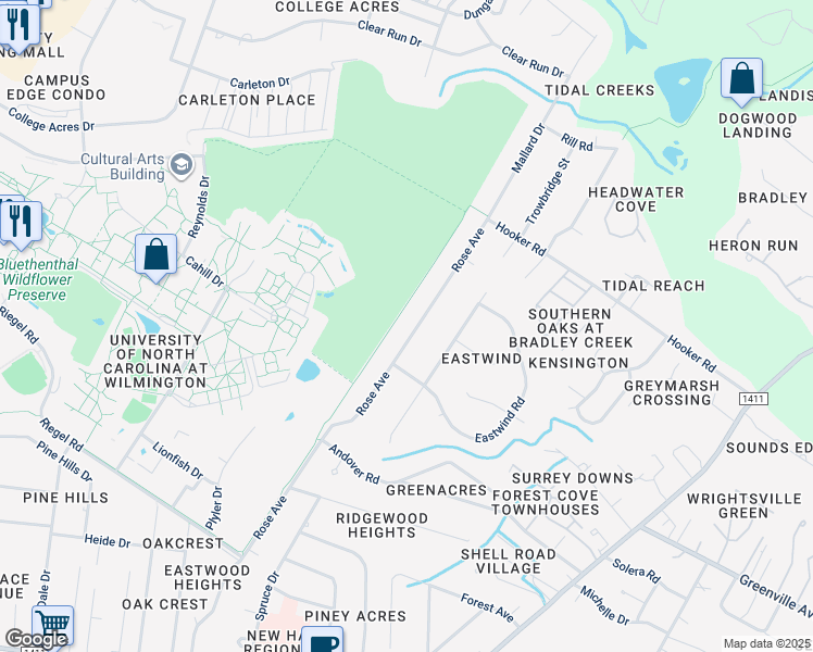 map of restaurants, bars, coffee shops, grocery stores, and more near 521 Rose Avenue in Wilmington