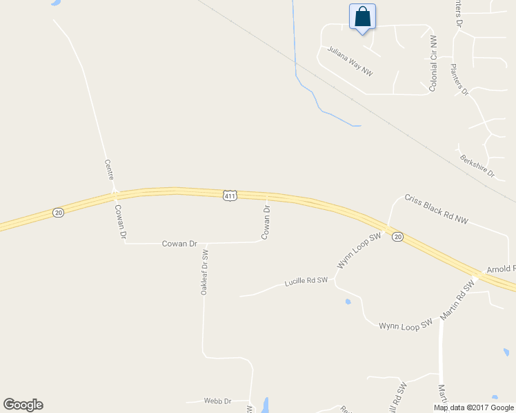 map of restaurants, bars, coffee shops, grocery stores, and more near 20 Cowan Drive in Cartersville