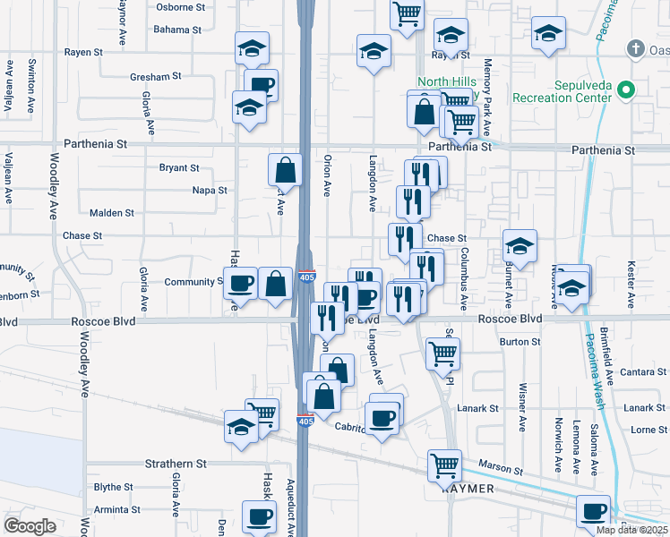 map of restaurants, bars, coffee shops, grocery stores, and more near 8414 Orion Avenue in Los Angeles