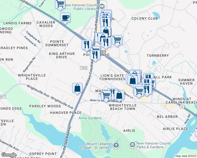 map of restaurants, bars, coffee shops, grocery stores, and more near 1507 Military Cutoff Road in Wilmington