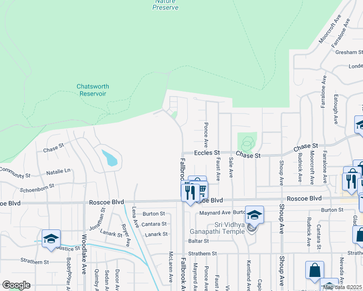 map of restaurants, bars, coffee shops, grocery stores, and more near 8413 Fallbrook Avenue in Los Angeles